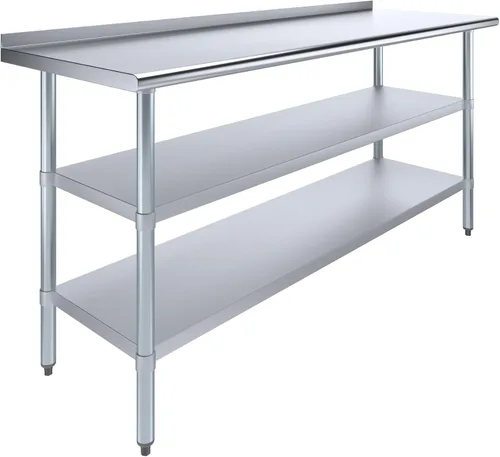 Vista 14 de AmGood Mesa de trabajo de acero inoxidable con protector contra salpicaduras de 1.5 pulgadas y 2 estantes Mesa de cocina de metal para preparación