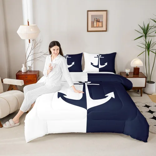 Vista 14 de Castle Fairy Juego de edredón de verano para niños, tamaño individual, diseño náutico reversible con diseño náutico de estrellas de mar, barco y Azul