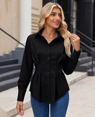 Vista 2 de siliteelon Camisas con botones para mujer, cintura ceñida, camisa de vestir de algodón de manga larga para negocios, casual, trabajo, oficina