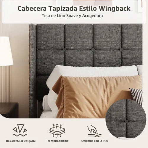 Vista 4 de Base de cama tamaño King con cabecera con respaldo de ala, base de cama tapizada de lino con cabecera capitoné con botones, soporte de listones