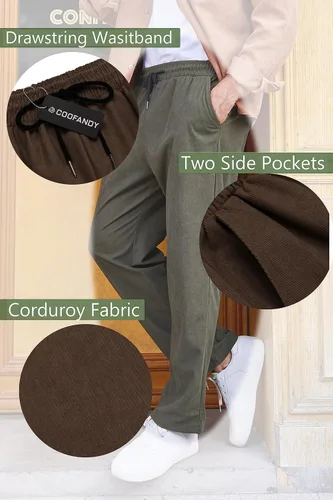 Vista 5 de COOFANDY Pantalones casuales de pana para hombre, pantalones elásticos con cintura elástica ajustable