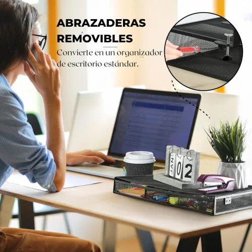 Vista 6 de Organizador de Cajones Debajo del Escritorio con Abrazadera, Accesorio de Malla Metálica, 1 Cajón Deslizante, Organizador para Escritorio o Debajo
