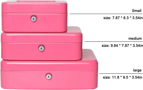 Vista 8 de Caja de dinero grande con bandeja de dinero y cerradura, caja de dinero de metal para efectivo, caja de seguridad de 11.8 x 9.5 x 3.54 pulgadas, rosa