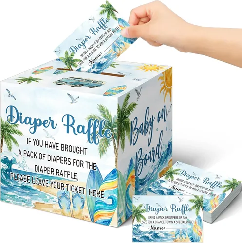 Vista 49 de Teling 51 boletos para rifas de pañales con caja de tarjetas, decoración de baby shower, caja de revelación de género para fiesta de rifas