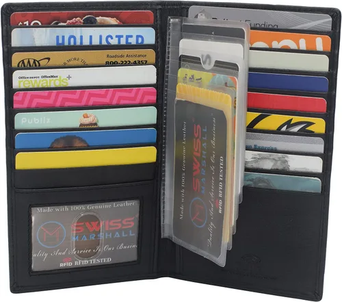 Vista 4 de RFID bloqueo doble cuero genuino tarjeta de crédito titular de identificación cartera larga, CN Negro, Bifold