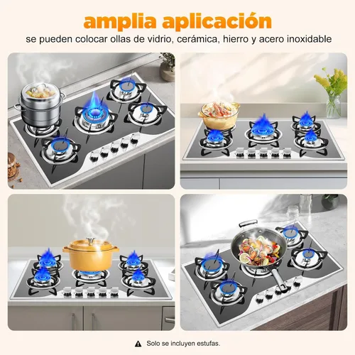 Vista 3 de Estufa de gas de 5 quemadores, encimera de acero inoxidable integrada de 30 pulgadas, encimera de acero inoxidable integrada con protección