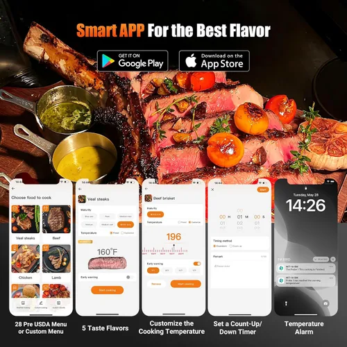 Vista 4 de Termómetro inalámbrico para carne con 4 sondas WiFi con base independiente de pantalla LCD legible en 360°, WiFi y Bluetooth 5.3 de alcance
