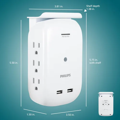 Vista 6 de Philips SPS6026WA/37 - Extensor de 6 tomas, 2 USB, adaptador de acceso lateral, grifo de pared, estante extraíble para dispositivos, luz indicadora
