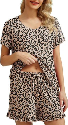 Vista 2 de PrinStory Conjunto de pijama para mujer, conjunto de pijama de manga corta, suave, pantalones cortos con bolsillos