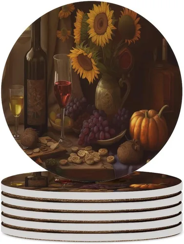 Vista 36 de 4 posavasos de vino tinto, cuadrados y modernos posavasos absorbentes de cerámica, estilo de pintura al óleo, vintage, vino tinto, uvas, rosa
