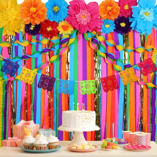 Vista 5 de TaoBary Juego de 28 piezas de decoración de fiesta mexicana, flores de papel mexicano, fiesta con volantes, fondo de papel picado, decoraciones