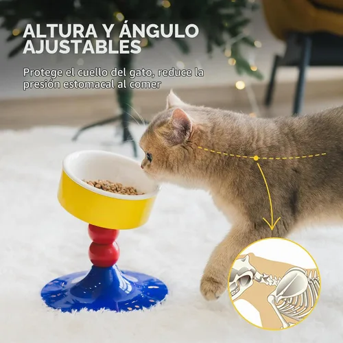 Vista 3 de Cuencos elevados de cerámica para gatos, plato de comida para gatos con soporte, soporte elevado de 3 alturas ajustables para perros pequeños y Rojo