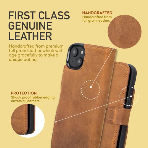 Vista 5 de Bayelon Funda para iPhone 14, funda de cuero de grano completo, [2 en 1], funda magnética desmontable con ranuras para tarjetas, soporte y función
