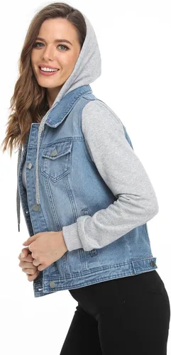 Vista 5 de MISS MOLY Chaqueta de mezclilla con capucha para mujer, con cordón en capas, de manga larga, con 2 bolsillos