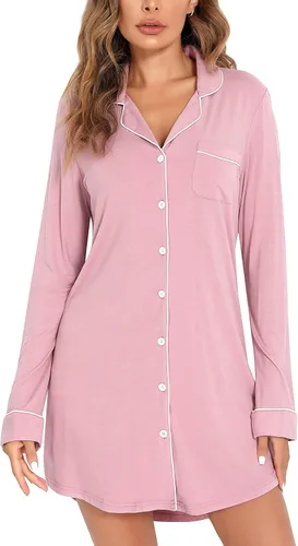 Vista 137 de Samring Camisón de pijama para mujer, manga corta/larga, con botones, camisón para dormir, camisón para novio, talla XXL