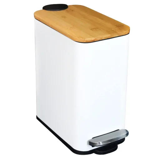 Vista 9 de SIDIANBAN Basurero de baño con tapa de bambú, cierre suave y pedal de pie, pequeño cubo de basura rectangular delgado con papelera
