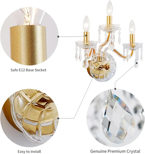 Vista 3 de WUZUPS Apliques de pared de 3 luces para dormitorio, sala de estar, baño, base E12, dorado