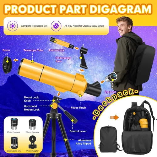 Vista 6 de MEEZAA Telescopio para adultos y niños, apertura de 80 mm, telescopio refractor portátil de 500 mm para principiantes de astronomía, telescopios