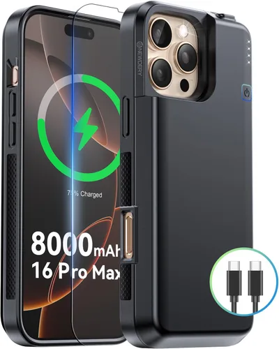 Vista 10 de NEWDERY Funda de batería mejorada para iPhone 16 Pro, cargador portátil USB C de 5000 mAh, CarPlay, compatible con datos de sincronización, funda