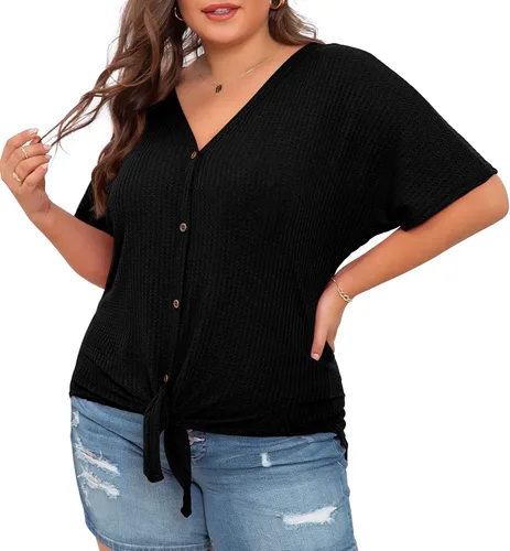 Vista 4 de OLRIK Blusa de manga corta con cuello en V para mujer, de punto gofre, con lazo frontal y botones