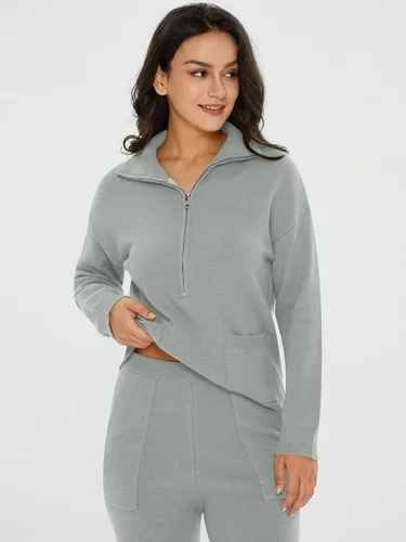 Vista 6 de DEEP SELF Conjunto de dos piezas para mujer, suéter de manga larga, media cremallera, pantalones deportivos con bolsillos