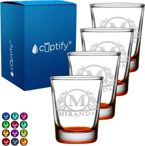 Vista 15 de Vaso de chupito personalizado con nombre de círculo elaborado de 2 onzas, parte inferior negra grabada con texto personalizado para regalos, bodas