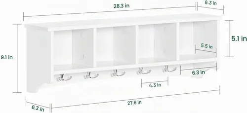 Vista 3 de Haotian - Estantería de pared blanca con ganchos para abrigos, perchero de pared para entrada, unidad de almacenamiento con 4 compartimentos y 5