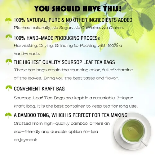 Vista 2 de Bolsas de té de hoja de graviola de guanábana premium, té de guanábana, hojas de guanábana, 100% natural y puro, hecho a mano, aumenta la inmunidad