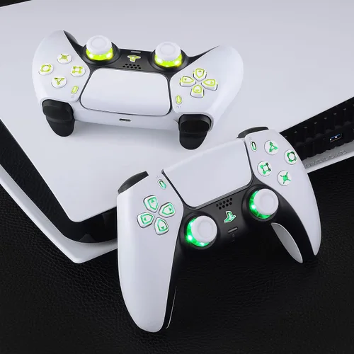 Vista 5 de eXtremeRate Multicolores luminosos Dpad Thumbstick Compartir Home Face Botones para controlador PS5, botones de símbolos clásicos blancos DTF V3 LED