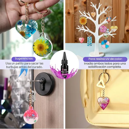 Vista 6 de LET'S RESIN Kit de fabricación de llaveros todo incluido, resina UV de 12 colores con moldes de llavero de silicona, luz UV, 6 estilos de biseles