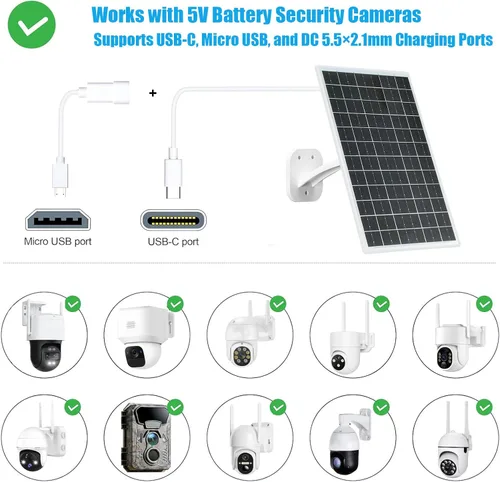 Vista 5 de Panel Solar de 13W para Cámaras de Seguridad al Aire Libre, USB-C, Micro USB y Salida DC de 5.5x2.1mm, Montura de 360°, Resistente al Agua IP66