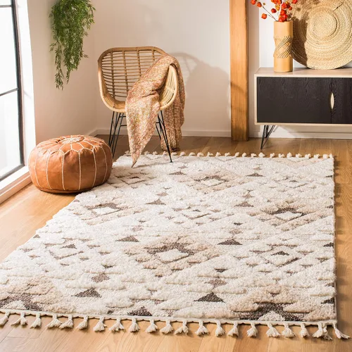 Vista 17 de SAFAVIEH Alfombra marroquí con borlas, 2 x 3 pies, marfil y marrón, no desprende pelusa y fácil de limpiar, textura alta y baja, ideal