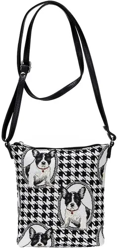 Vista 4 de Signare Tapiz pequeño bandolera para mujer con diseño de bulldog francés en blanco y negro (plateado), FRENCH BULLDOG
