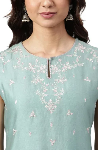 Vista 7 de Janasya Kurta de seda de color verde marino para mujer india con pantalón
