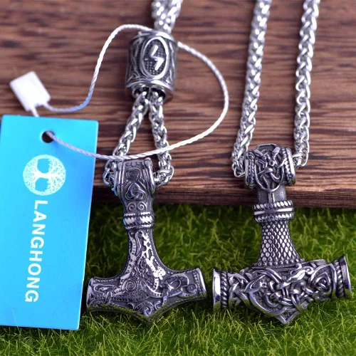 Vista 3 de Collar de martillo de Thor vikingo nórdico Mjolnir para hombre, joyería de talismán