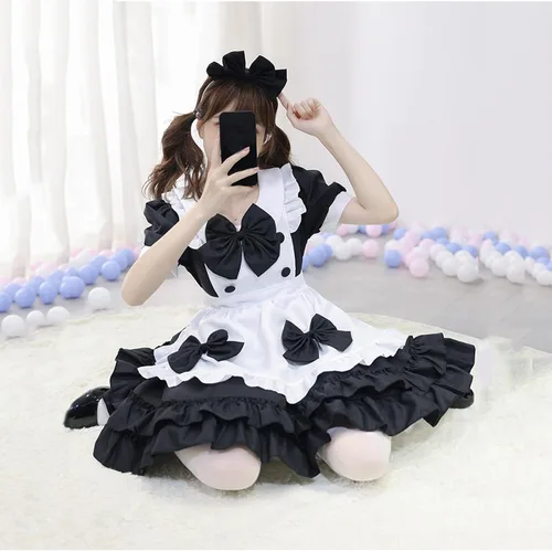 Vista 4 de QIGUANDZ Disfraz Kawaii dulce para mujer, vestido a cuadros, vestido de anime, sirvienta francesa, vestido de cosplay, delantal, banda