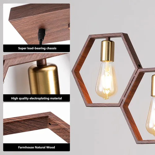 Vista 5 de Iluminación industrial de isla de cocina de 5 luces, lámparas rústicas para comedor, lámpara de granja, lámpara colgante de techo de madera