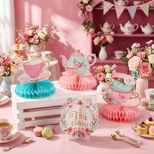 Vista 4 de 12 piezas de decoración de fiesta de té, tetera floral, centros de mesa de panal de abeja, decoración de mesa de fiesta de té para princesa