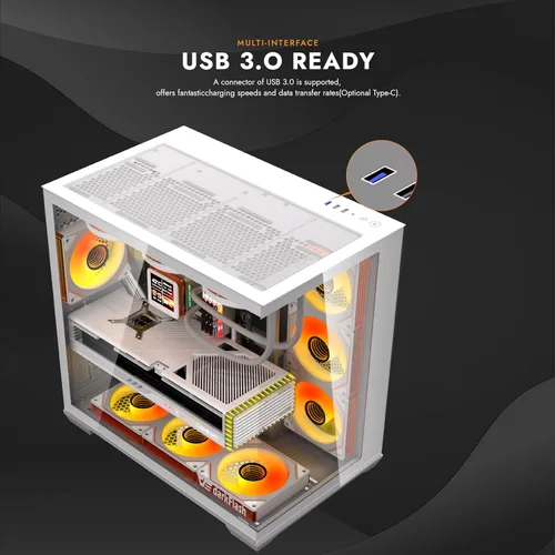 Vista 4 de darkFlash C280 E-ATX - Funda para juegos de PC de torre completa, 7 ventiladores ARGB incluidos, vidrio templado de 270°, compatible con placa base