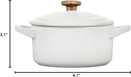 Vista 7 de Le Creuset Gres Mini Cocotte Redondo, 8 onzas., Blanco con Perilla de Corazón Oro