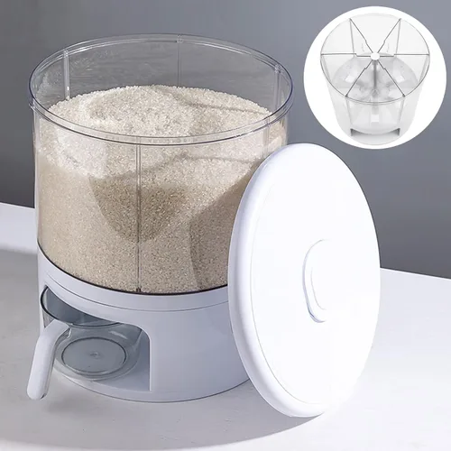 Vista 4 de Dispensador de granos giratorio de 360°, dispensador de cereales grande de 6 rejillas, recipiente de grano sellado con divisor y mango extraíbles