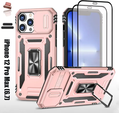 Vista 10 de Funda resistente para Apple iPhone 12 Pro Max, protector híbrido de goma de doble capa de grado militar con protector de cámara deslizante, soporte