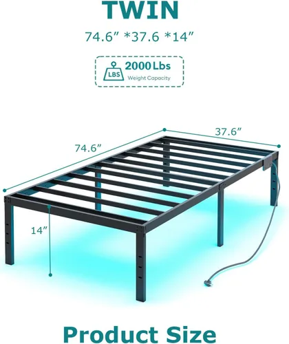Vista 2 de YORMDMO Marco de cama individual de 14 pulgadas, marco de cama de metal con luces LED, plataforma de listones de acero básico resistente, enchufes