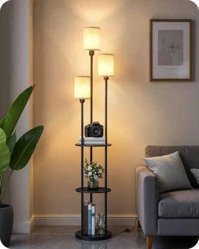 Vista 17 de Lámpara de pie con estantes, moderna lámpara de pie con 3 pantallas de lino e interruptor de pie, lámpara de pie de 3 luces, para sala de estar