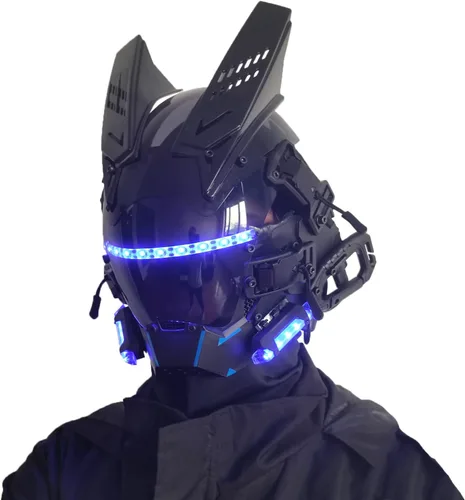 Vista 3 de Máscara gótica punk, máscara Techwear, casco de Halloween Cosplay Tech con luz LED Azul