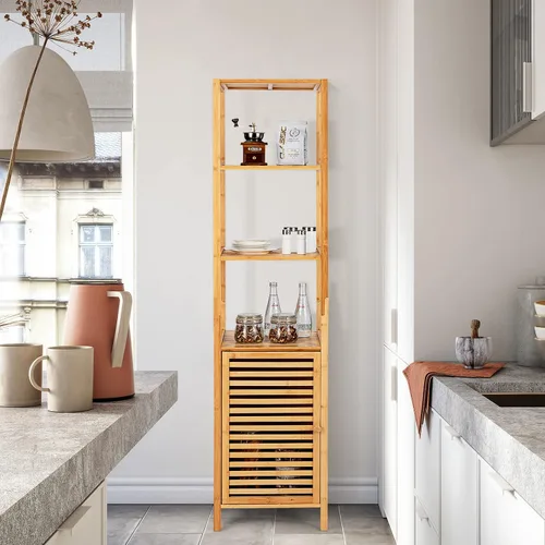 Vista 4 de LOKO Gabinete alto de bambú, gabinete de almacenamiento estrecho para baño con estantes de 3 niveles y puerta de obturador, gabinete de torre