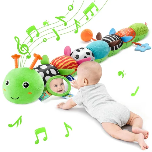 Vista 7 de Juguetes para Bebés Sensoriales Musicales de Animales de Peluche para Infantes de 0-3-6-12 Meses Tiempo Boca Abajo Recién Nacido, Oruga de Peluche
