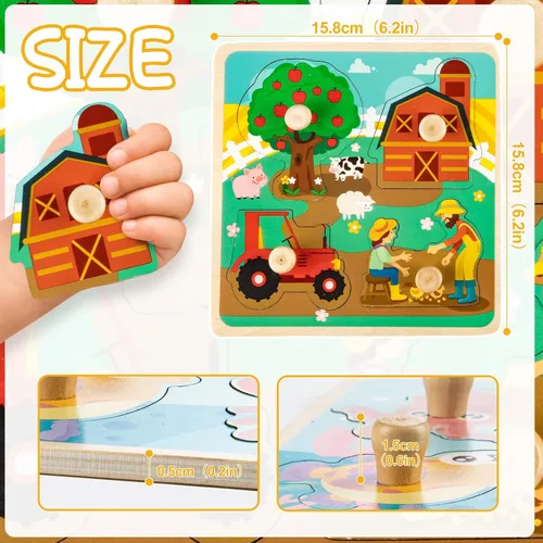 Vista 6 de Rompecabezas de madera para niños pequeños – 4 piezas de patrones de animales ecológicos con asas – Aprendizaje de habilidades motoras finas