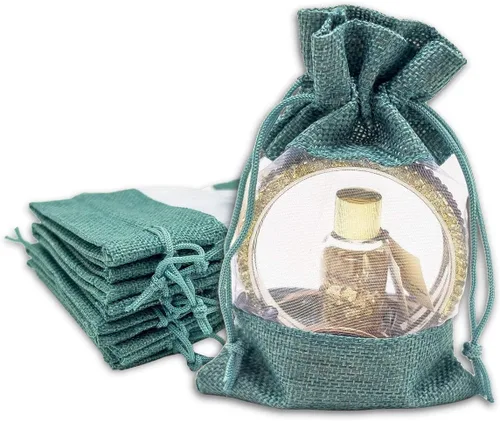Vista 32 de TheDisplayGuys para tu vida moderna - Paquete de 12 bolsas de regalo pequeñas de arpillera de lino y organza con cordones (8.9x14 cm, gris)