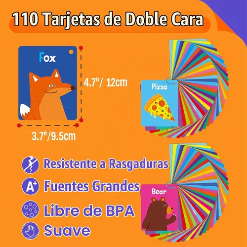 Vista 2 de 110 PCS Tarjetas de Aprendizaje Temprano, Tarjetas de Doble Cara - Alfabeto, Números, Alimentos, Animales, Formas, Colores, Objetos del Hogar con 4